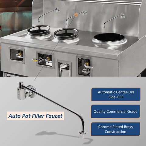 Center On Automatic Wok Range Faucet With Fourteen Inch Spout, Three Eighth Inch NPT Inlet, Wall Mount, Commercial Duty Brass Construction