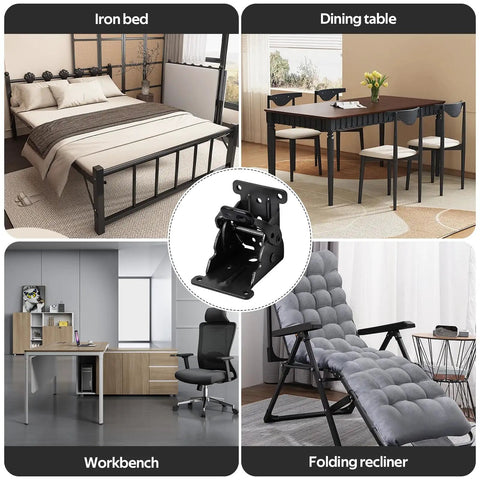 Heavy Hitter Folding Table Leg Brackets Four Pack Zero To Ninety Degree Self Locking Hinges close-up in a modern workspace.
