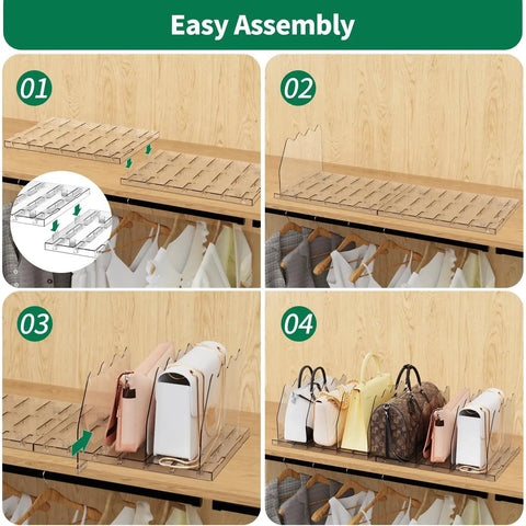 Adjustable Clear Acrylic Shelf Dividers For Closet showing easy assembly steps for organizing handbags and purses.