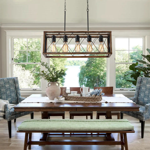 Farmhouse Rustic 5 Light Pendant Chandelier With Adjustable Height Chains Dope Wood Grain Finish over dining table
