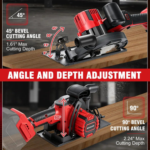 Badass Six Point Five Inch Cordless Circular Saw With Brushless Bldc Motor 1100 Watt 6200 Rpm Accepts Eighteen Volt Packs No Extra Juice Needed Slick Operation Pro Grade Woodworking Rig showing depth and angle adjustments.