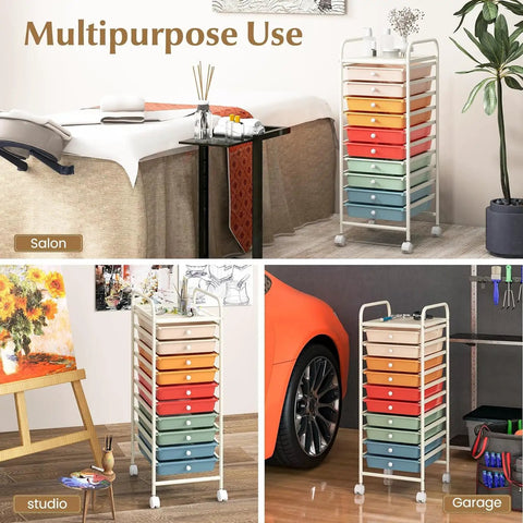 Rolling Utility Cart With Ten Drawers, Lockable Wheels, Easy Grab Handles, in use in salon, studio, and garage