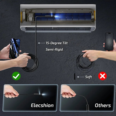 Dual Lens Endoscope Camera With Light For Tight Spaces 1920x1440 HD 2.0MP Sewer Inspection Camera 16.5 Ft Semi Rigid Cable 360 Degree View With Bright LEDs Waterproof Inspection Tool For Plumbing And Machines. 15-degree tilt semi-rigid cable in air conditioner inspection