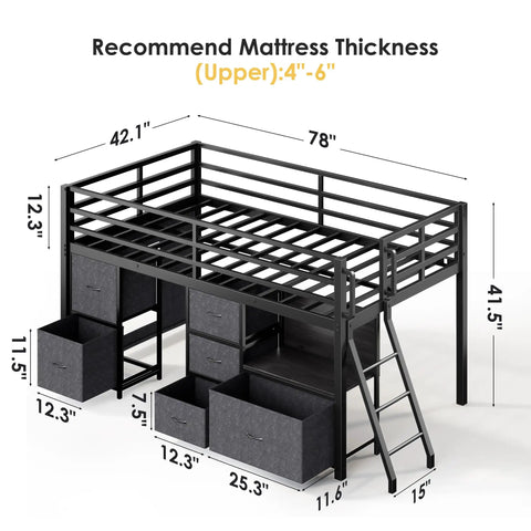 Twin Loft Bed With Six Storage Drawers Built In Bookcase LED Lights Play Curtain Kid Friendly Safety Rails And Ladder Black Space Saving Two Tier Design For Active Kids, front view