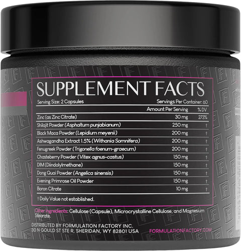 Supplement facts of She's Obsessed Vitality Complex with Maca Root and Ashwagandha for hormone balance, 120 capsules, two-month supply