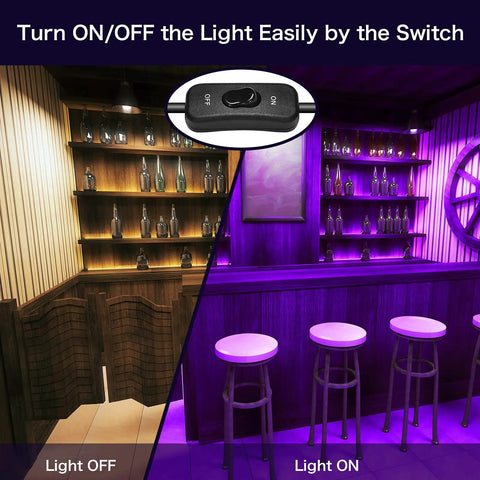 Split image of a bar with 3 Pack 100W LED Black Light Flood Lights With Plug And Switch IP66 Waterproof Neon Glow setup
