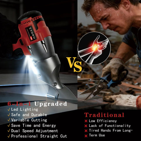 Cordless Brushless Sheet Metal Shear Built For Pros, Milwaukee M18 Battery Compatible, 360 Degree Pivoting Head featured next to traditional scissors for comparison.