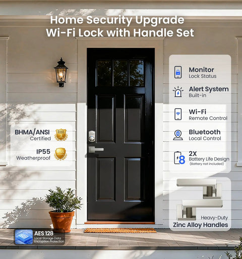 Smart Home Keyless Entry Digital Door Lock With Fingerprint Deadbolt And Handle Set App Remote Hub Free Wifi Security shown on an exterior door.