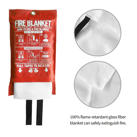 Fire Blanket For Kitchen And Home 40 By 40 Inches, Fiberglass Emergency Safety Blanket, red pouch with close-up of blanket texture