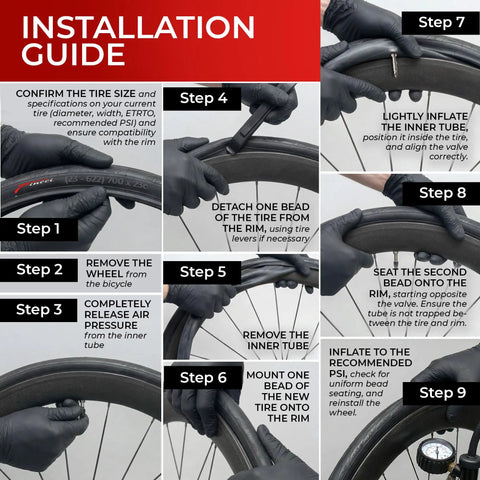 Installation guide for 700x23c road bike tire set with puncture resistant slick tread and 60mm Presta tubes for deep rims.