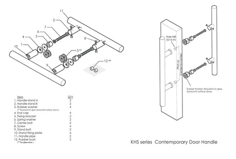 Assembly diagram of Double Sided Ladder Style Push Pull Stainless Door Handle for steel, aluminum, and glass doors.