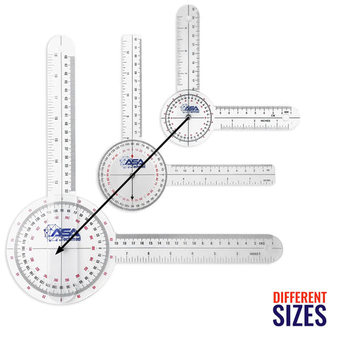 Alt Tag: Six Piece Spinal Goniometer Set With 360 Degree Protractor And Finger Goniometer, includes 12, 8, and 6 inch rulers