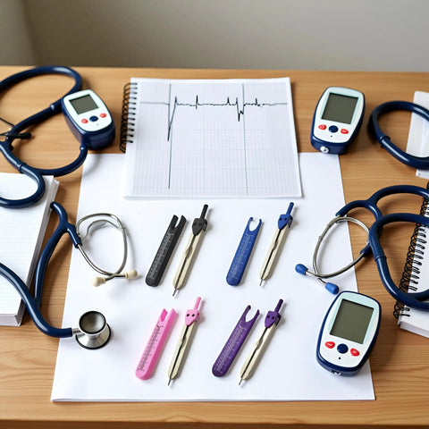 Purple EKG Calipers With Built In Ruler, Dead On Accuracy For Electrocardiogram Measurements, Total Game Changer Cardiac Divider Tool For Nurses And Med Students on a wooden desk.
