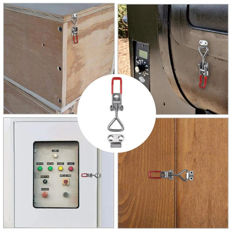Heavy Duty Metal Latch Set With Adjustable Locking Catch Kit mounted on various surfaces, featuring rugged toggle buckles.