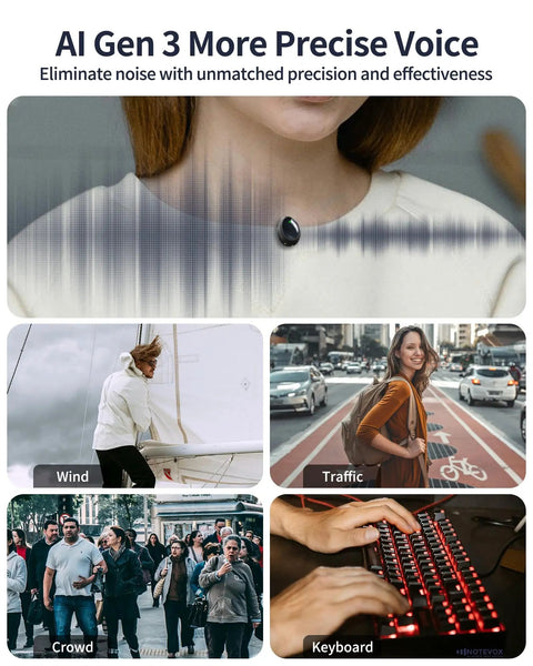 Wireless Lavalier Microphone For iPhone With AI Noise Reduction, sound wave visualization and outdoor use cases.
