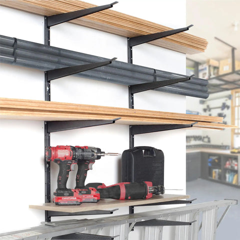 Heavy Duty Wood And Lumber Storage Rack Two Pack Holds Up To 960 Lbs Wall Mounted Steel Shelving For Garage Basement And Pantry Easy To Install Durable 3 Tier Storage Solution with tools and lumber on shelves