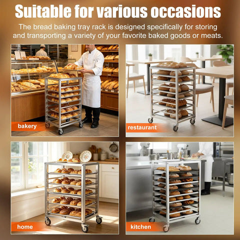 Heavy Duty 9 Tier Commercial Cooling Rack With Smooth Roll Locking Casters, Solid Aluminum Build, Space Saving Bakery Sheet Pan Holder, Sick Storage Cart For Any Bustling Kitchen Crew in a bakery with bread.