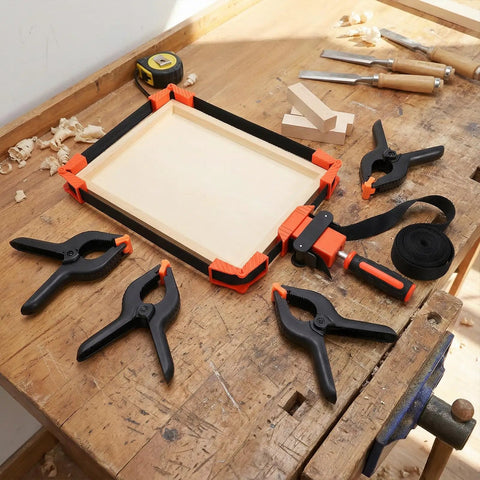 Heavy Duty Strap Band Clamp And Six Inch Quick Release Spring Bar Clamps Seven Piece Killer Combo For Woodwork Diy Frames And Jig Builds Built Solid For Hassle Free Shop Sessions on woodworking table.