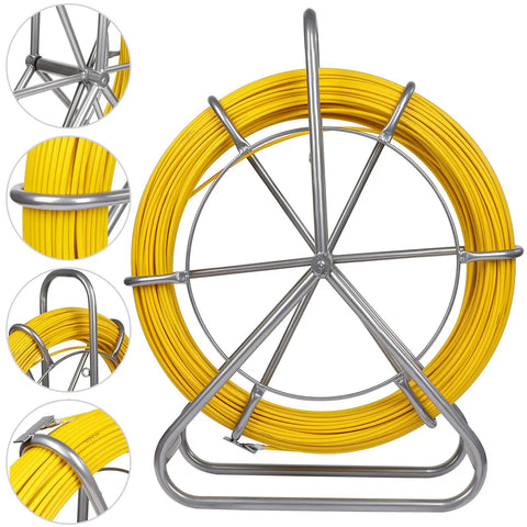 Fiberglass Fish Tape 6Mm 425ft Duct Rodder Cable Puller For Electrical Wiring Fishtape Reel With Steel Wheel Stand