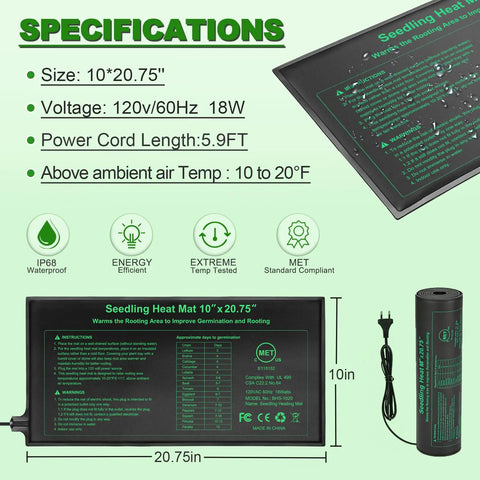 2 Pack Seed Starter Heating Mat 10 X 20.75 Inches Waterproof For Germination Hydroponics And Greenhouses MET Certified UL Listed Pro Grade Plant Heating Mat
