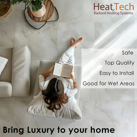 Woman reading on chair with Electric Radiant Floor Heating Kit For 15 Sq Ft With 120V Cable creating cozy tile floor ambiance.