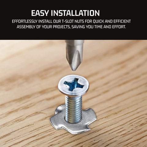 Close-up of stainless steel T-nut being installed, showcasing easy installation. Focus: Stainless Steel T Nuts Quarter Twenty Inch 25 Pack Anti Corrosion Threaded Inserts Four Prong Tee Nut Marine Grade All Weather Indoor Outdoor Use Built To Last Heavy Duty