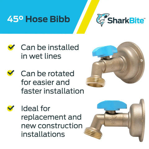 Straight Up Heavy Duty Brass Push To Connect Hose Bibb With Quarter Turn Shut Off Valve And 45 Degree Anti Kink Angle for easy installation.