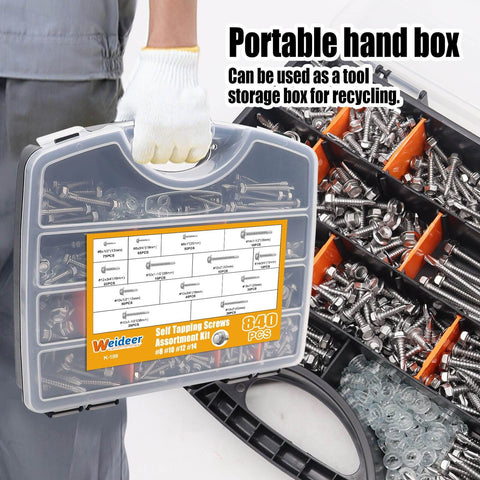 840 Pcs Self Tapping Screws for Metal Kit in 410 Stainless Steel, heavy duty case with assorted screws and washers