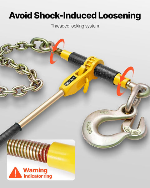 No Nonsense Heavy Duty Ratchet Chain Binder showing threaded locking system and indicator ring for secure cargo.