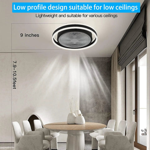 Sleek Enclosed Flush Mount Ceiling Fan With Lights 20 Inch Remote Control Dimmable LED Light installed in dining room
