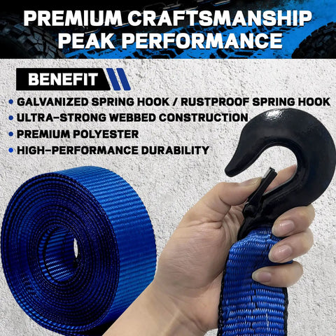 Rock Solid Boat Winch Strap With Zinc Plated Safety Hook 2 Inch By 20 Foot 18000 Lb Breaking Strength Marine Grade Polyester Webbing held in hand, showing strong blue webbing and spring hook.