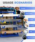 Top Notch 4 Tier Steel Lumber And Pipe Storage Rack With Adjustable Arms for holding plywood and metal tubing in a garage.