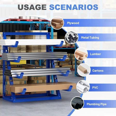 Top Notch 4 Tier Steel Lumber And Pipe Storage Rack With Adjustable Arms for holding plywood and metal tubing in a garage.
