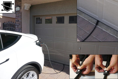 Cable Shield EV cable protector for garage door pass-through, black; protects charging cable; installation close-ups.