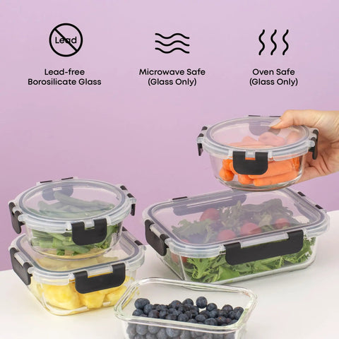 24Pc Borosilicate Glass Storage Containers With Lids For Meal Prep And Lunch, displayed with fruit and vegetables inside.