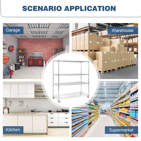 Heavy Duty 5-Tier Wire Storage Rack On Wheels, Tool-Free Assembly in garage, warehouse, kitchen, and supermarket scenarios