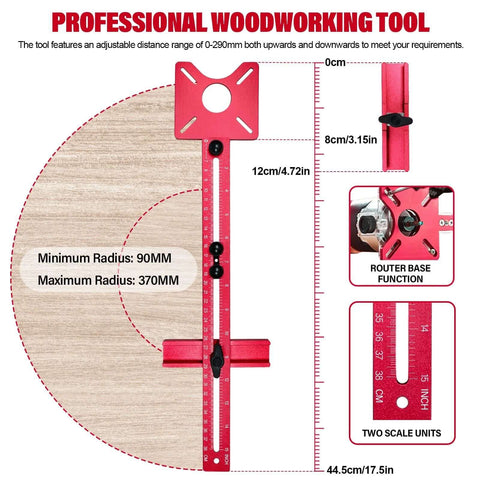 Sigerio 4-in-1 router circle-cutting jig in rose red aluminum alloy, front view