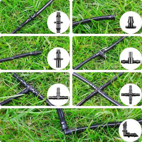 Quarter Inch Drip Irrigation Fittings Kit, 220 Pcs For Drip Systems Including Valves Nozzles Micro Drips Four Way Cross on grass