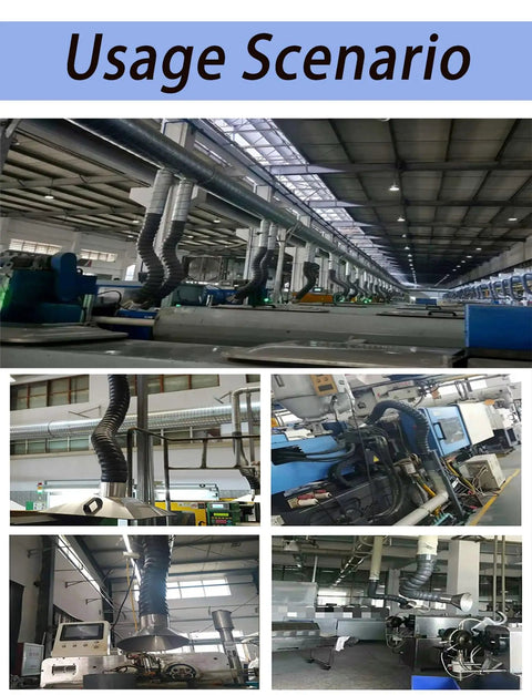 Industrial workshop showcasing Heavy Duty Stainless Steel Fume Hood With Flexible Welding Extractor Hose And Industrial Ventilation Tubing.