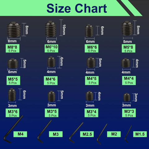 Size chart of 60 Piece Set Screws Kit With Allen Keys, M3-M8 metric cup point, showing various dimensions and included Allen keys.