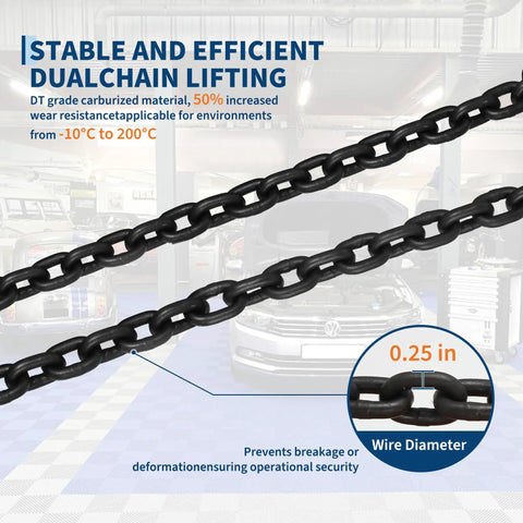 Close-up of 2200 Lb Electric Chain Hoist With 120V Single Phase Overhead Crane G100 Chain, showing chain detail and garage setting.