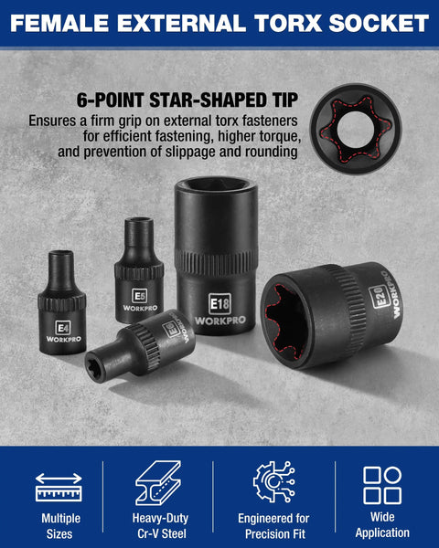 Premium 11 Piece E Torx Socket Set Fits 1/4 And 3/8 Inch Drives Crafted From Tough Crv Steel With Rust Resistant Black Coating, E4 to E20 sizes.