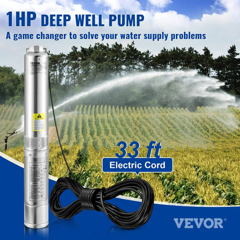 Deep Well Submersible Pump 1HP 230V 37 GPM Flow 207 Ft Head 4 Inch Stainless Steel Water Pump With 33 Ft Cord For Industrial Irrigation And Home Use IP68 Waterproof Tough As Nails with irrigation in the background.