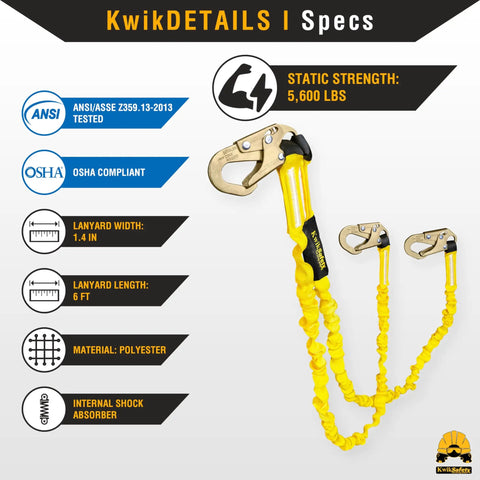 Double Leg Rattler Y-Leg Safety Lanyard With Internal Shock Absorber, 6 Foot, Heavy Duty Fall Arrest PPE, OSHA ANSI Certified
