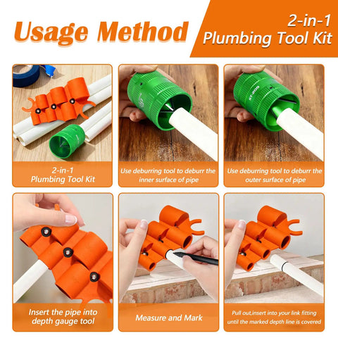 All In One Pipe Deburring And Depth Gauge Kit showing tools for deburring and depth measurement on various pipes.