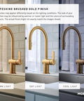 Tub Spout With Diverter For Wall Mount, 1/2-Inch Slip Fit Connection, Brushed Gold Metal Finish displayed in three lighting conditions.