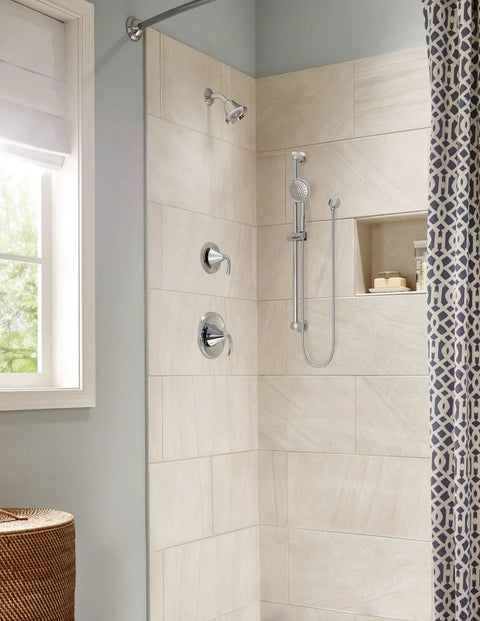 Bathroom with Chrome Eco-Performance Detachable Handheld Showerhead With 69 Inch Hose And 24 Inch Slide Bar installed