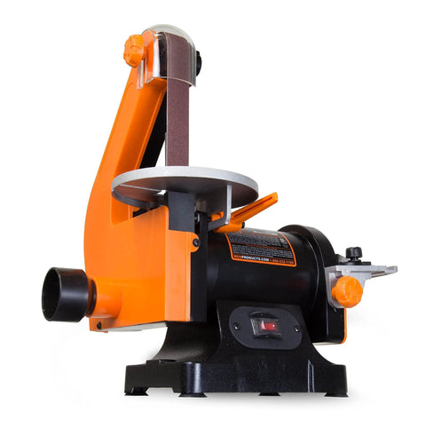 Two-In-One Benchtop Belt And Disc Sander with 1x30 inch belt and 5 inch disc, showing dual dust ports, heavy duty base, side view