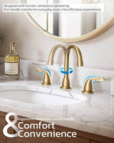 Dope Brushed Gold 8 Inch Widespread Bathroom Faucet With Two Handles And Drain Assembly For 3 Hole Sinks Mid Century Modern Style