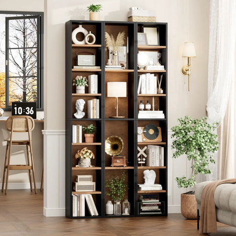 Heavy Duty Eight Tier Narrow Bookshelf With Adjustable Wooden Shelves Sleek Media Tower Rack For DVD And CD Storage Top Shelf with decorative items.